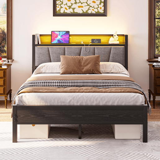 Cama 140x190cm - Estrutura com luzes LED, cabeceira com USB, lâminas metálicas, fácil montagem - Preto