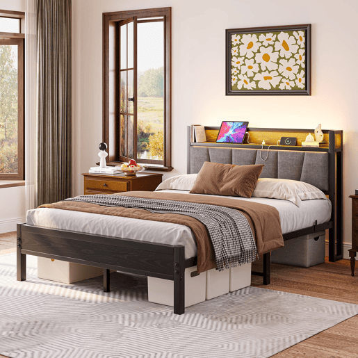 Cama 140x190cm - Estrutura com luzes LED, cabeceira com USB, lâminas metálicas, fácil montagem - Preto