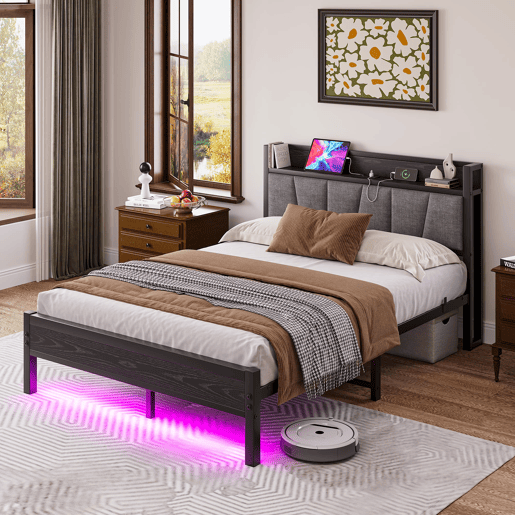 Cama 140x190cm - Estrutura com luzes LED, cabeceira com USB, lâminas metálicas, fácil montagem - Preto