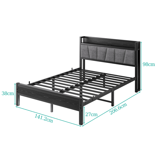Cama 140x190cm - Estrutura com luzes LED, cabeceira com USB, lâminas metálicas, fácil montagem - Preto