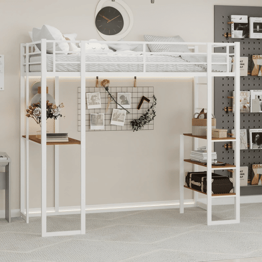 Cama infantil com secretária L - estrutura em ferro, grade e escada - branco