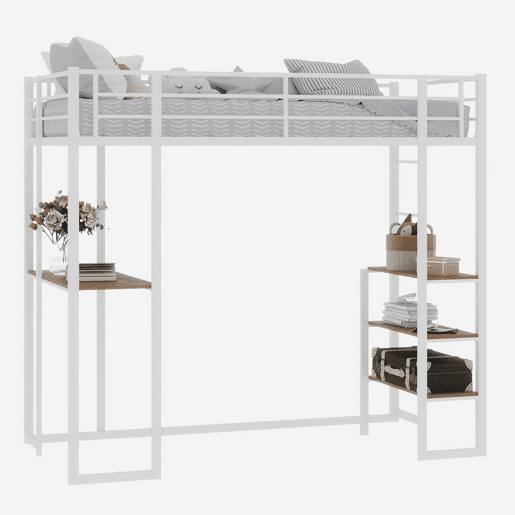 Cama infantil com secretária L - estrutura em ferro, grade e escada - branco