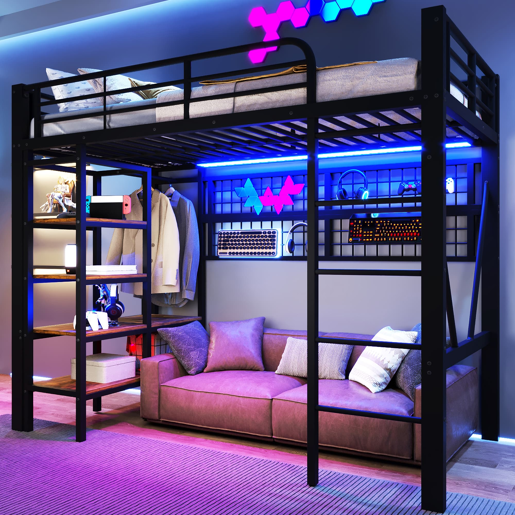 Cama alta 90x200 cm - Estrutura metálica, com prateleira, rede para pendurar, barra para roupa, espaço aberto, luzes LED - Preto