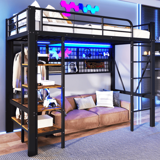 Cama alta 90x200 cm - Estrutura metálica, com prateleira, rede para pendurar, barra para roupa, espaço aberto, luzes LED - Preto