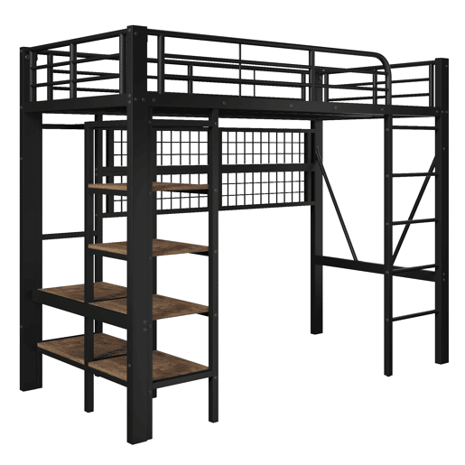 Cama alta 90x200 cm - Estrutura metálica, com prateleira, rede para pendurar, barra para roupa, espaço aberto, luzes LED - Preto