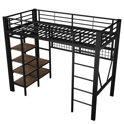Cama alta 90x200 cm - Estrutura metálica, com prateleira, rede para pendurar, barra para roupa, espaço aberto, luzes LED - Preto