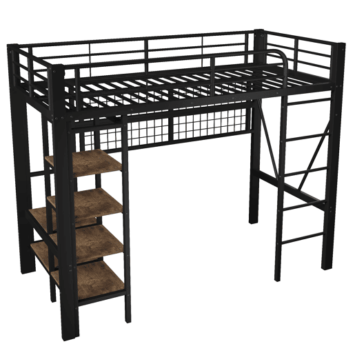 Cama alta 90x200 cm - Estrutura metálica, com prateleira, rede para pendurar, barra para roupa, espaço aberto, luzes LED - Preto