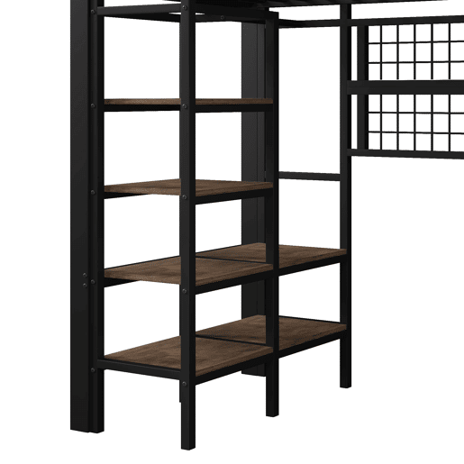 Cama alta 90x200 cm - Estrutura metálica, com prateleira, rede para pendurar, barra para roupa, espaço aberto, luzes LED - Preto