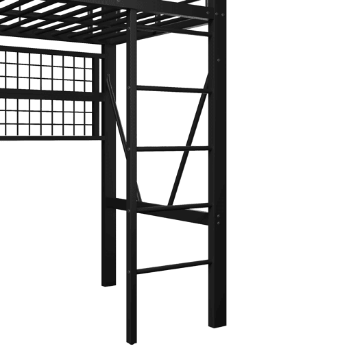 Cama alta 90x200 cm - Estrutura metálica, com prateleira, rede para pendurar, barra para roupa, espaço aberto, luzes LED - Preto
