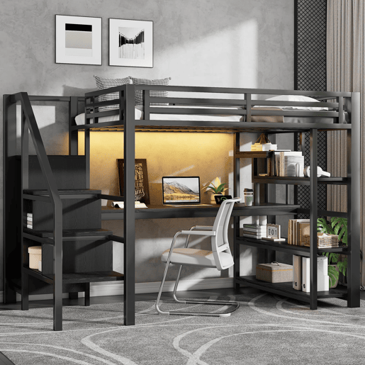 Cama alta de metal 140x200 mm - Com escada, armário aberto, secretária integrada, compartimentos de arrumação, estação de carregamento USB e luzes LED - Preto