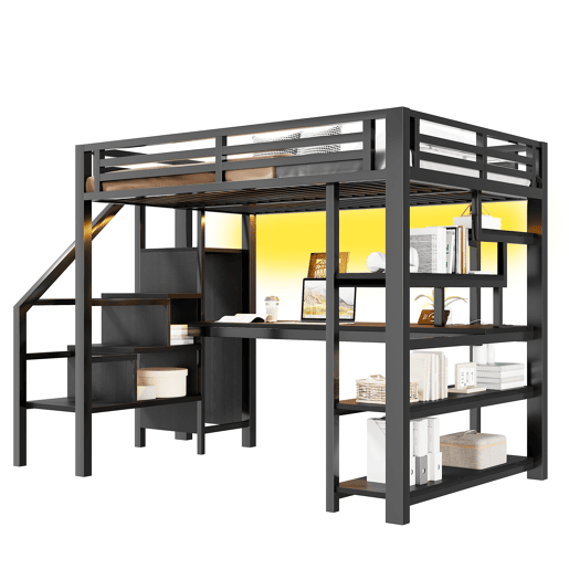 Cama alta de metal 140x200 mm - Com escada, armário aberto, secretária integrada, compartimentos de arrumação, estação de carregamento USB e luzes LED - Preto