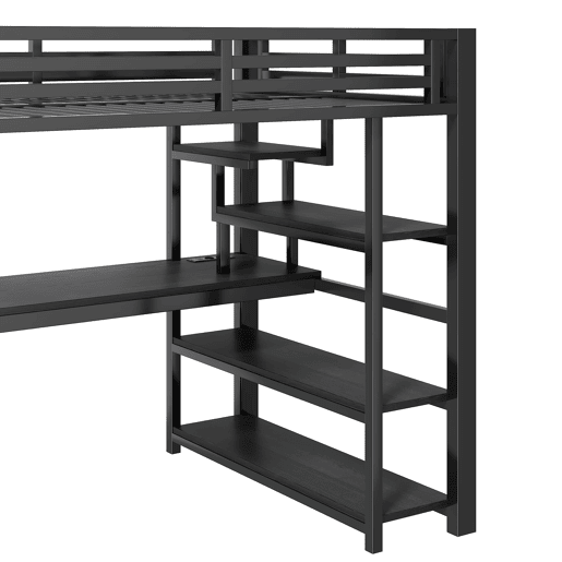 Cama alta de metal 140x200 mm - Com escada, armário aberto, secretária integrada, compartimentos de arrumação, estação de carregamento USB e luzes LED - Preto