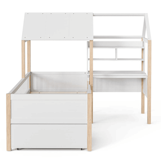 Cama infantil 90x200 cm - Com proteção contra quedas, secretária em L, estante, gavetas com rodas - Branco