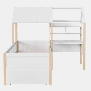 Cama infantil 90x200 cm - Com proteção contra quedas, secretária em L, estante, gavetas com rodas - Branco
