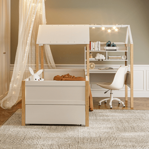 Cama infantil 90x200 cm - Com proteção contra quedas, secretária em L, estante, gavetas com rodas - Branco