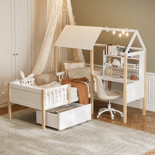 Cama infantil 90x200 cm - Com proteção contra quedas, secretária em L, estante, gavetas com rodas - Branco
