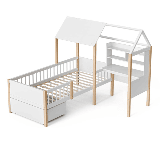 Cama infantil 90x200 cm - Com proteção contra quedas, secretária em L, estante, gavetas com rodas - Branco