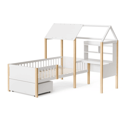 Cama infantil 90x200 cm - Com proteção contra quedas, secretária em L, estante, gavetas com rodas - Branco