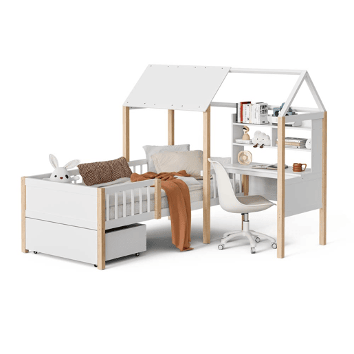 Cama infantil 90x200 cm - Com proteção contra quedas, secretária em L, estante, gavetas com rodas - Branco