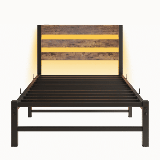 Cama individual 90x200 - LED, USB, arrumação debaixo da cama, metal - Preto e Castanho