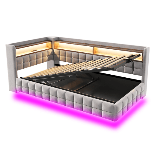 Sofá-cama multifuncional 90x200 - Armazenamento hidráulico, LED, USB, prateleira de madeira - Cinza claro Sofá-cama multifuncional 90x200 - Armazenamento hidráulico, LED, USB, prateleira de madeira - Cinza claro