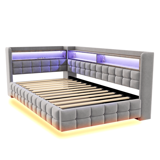 Sofá-cama multifuncional 90x200 - Armazenamento hidráulico, LED, USB, prateleira de madeira - Cinza claro Sofá-cama multifuncional 90x200 - Armazenamento hidráulico, LED, USB, prateleira de madeira - Cinza claro