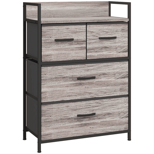 HOMCOM Cómoda de Quarto Armário de Armazenamento com 4 Gavetas Dobráveis Prateleira Aberta e Estrutura de Aço para Sala Entrada 60x29x85 cm Cinzento