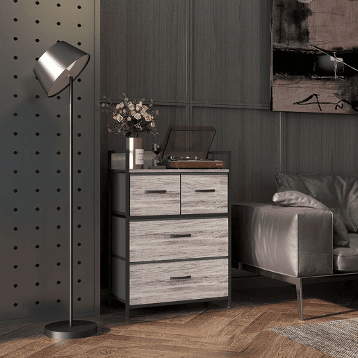 HOMCOM Cómoda de Quarto Armário de Armazenamento com 4 Gavetas Dobráveis Prateleira Aberta e Estrutura de Aço para Sala Entrada 60x29x85 cm Cinzento