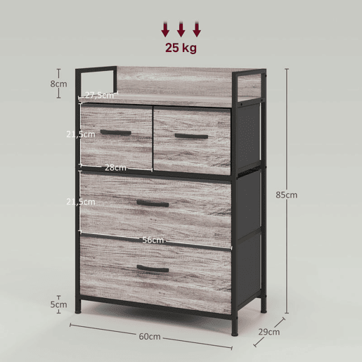HOMCOM Cómoda de Quarto Armário de Armazenamento com 4 Gavetas Dobráveis Prateleira Aberta e Estrutura de Aço para Sala Entrada 60x29x85 cm Cinzento