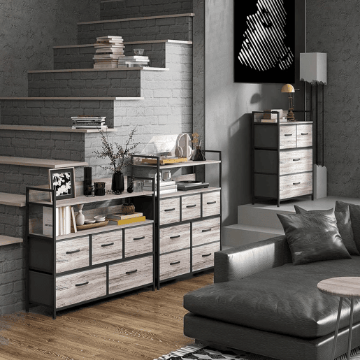 HOMCOM Cómoda de Quarto Armário de Armazenamento com 4 Gavetas Dobráveis Prateleira Aberta e Estrutura de Aço para Sala Entrada 60x29x85 cm Cinzento