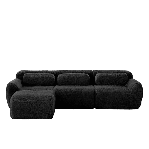 Sofá modular L 3 lugares - Plush macio, sem estrutura, sem montagem, com almofadas - Preto