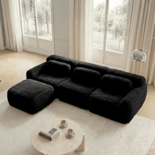 Sofá modular L 3 lugares - Plush macio, sem estrutura, sem montagem, com almofadas - Preto