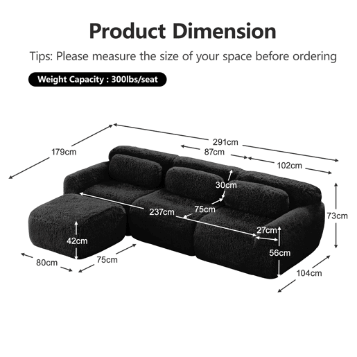 Sofá modular L 3 lugares - Plush macio, sem estrutura, sem montagem, com almofadas - Preto
