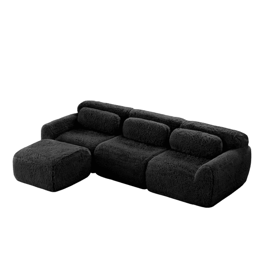 Sofá modular L 3 lugares - Plush macio, sem estrutura, sem montagem, com almofadas - Preto