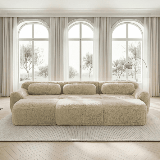 Sofá modular + 3 lugares - Felpa suave, 3 pufes, sofá-cama confortável - Cáqui claro