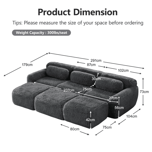 Sofá modular - 3 lugares - Tecido felpudo macio, 3 pufes, sofá-cama confortável - Cinza