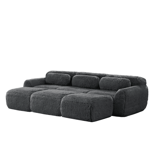 Sofá modular - 3 lugares - Tecido felpudo macio, 3 pufes, sofá-cama confortável - Cinza