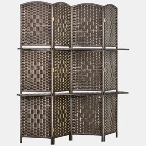 HOMCOM Biombo Separador de Ambientes 4 Painéis 160x170 cm com 2 Prateleiras Dobrável de Fibra de Papel Castanho