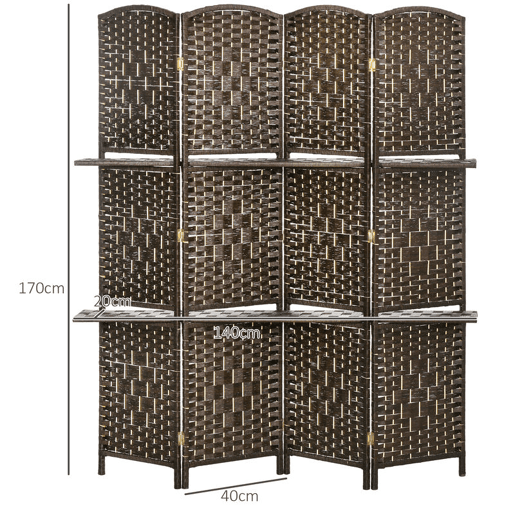 HOMCOM Biombo Separador de Ambientes 4 Painéis 160x170 cm com 2 Prateleiras Dobrável de Fibra de Papel Castanho