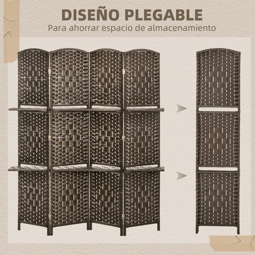 HOMCOM Biombo Separador de Ambientes 4 Painéis 160x170 cm com 2 Prateleiras Dobrável de Fibra de Papel Castanho