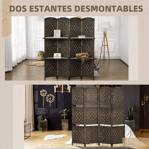 HOMCOM Biombo Separador de Ambientes 4 Painéis 160x170 cm com 2 Prateleiras Dobrável de Fibra de Papel Castanho