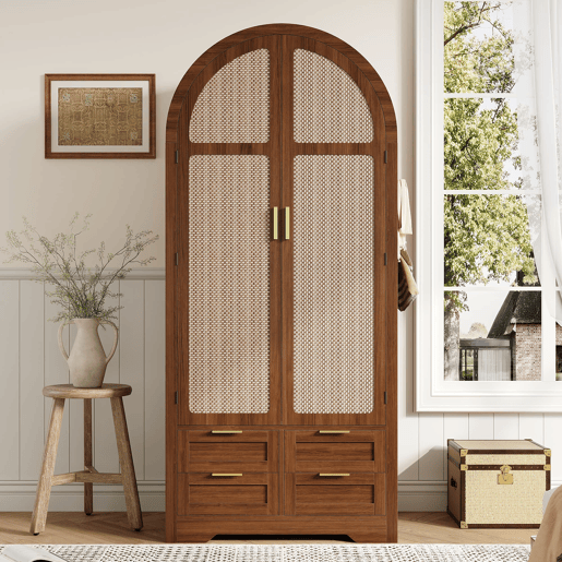 Armário 80 cm - portas curvas, barra e gavetas - nogueira