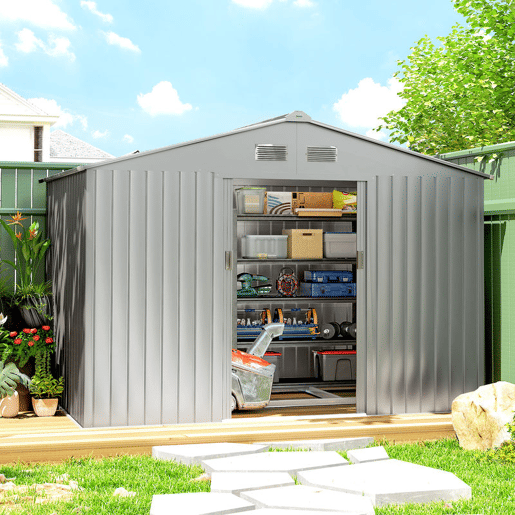 Outsunny Abrigo de Jardim Exterior 4,9 m² 277x195x192cm Abrigo e Jardim Metálico para Armazenamento de Ferramentas com Base Incluída (Chão não Incluído) e 4 Janelas Cinzento