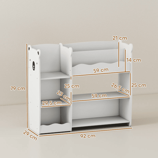 AIYAPLAY Estante Infantil para Brinquedos 5 Prateleiras Abertas 2 Compartimentos Design de Ursinho Organizador de Brinquedos para Quarto Sala de Brincadeiras Creche Branco