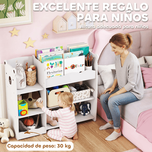 AIYAPLAY Estante Infantil para Brinquedos 5 Prateleiras Abertas 2 Compartimentos Design de Ursinho Organizador de Brinquedos para Quarto Sala de Brincadeiras Creche Branco