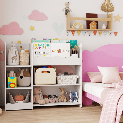 AIYAPLAY Estante Infantil para Brinquedos 5 Prateleiras Abertas 2 Compartimentos Design de Ursinho Organizador de Brinquedos para Quarto Sala de Brincadeiras Creche Branco