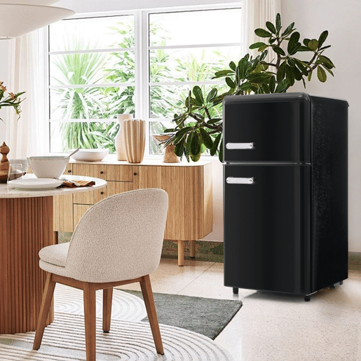 Frigorífico retro 72L - porta dupla com congelador 21L e luz LED - preto