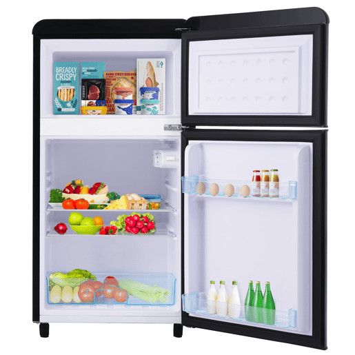 Frigorífico retro 72L - porta dupla com congelador 21L e luz LED - preto