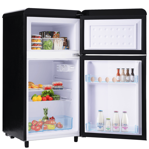 Frigorífico retro 72L - porta dupla com congelador 21L e luz LED - preto