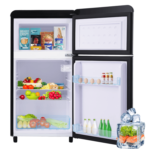 Frigorífico retro 72L - porta dupla com congelador 21L e luz LED - preto